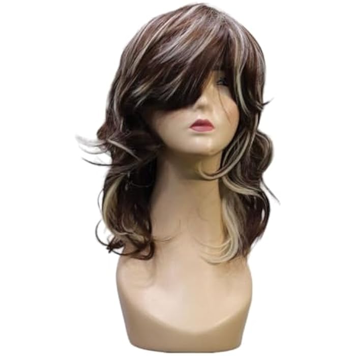 DILLARDS Synthetic Wavy Wig, Medium Length Layered Style With Side Bangs, Brown With Blonde Highlights, Heat Resistant Fiber - Image 4